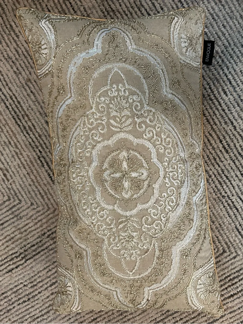 Envogue Embroidered Lumbar Throw Pillow Beige Ivory Medallion Moroccan